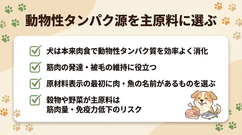 肉や魚など動物性タンパク源が主原料のものを選ぶ