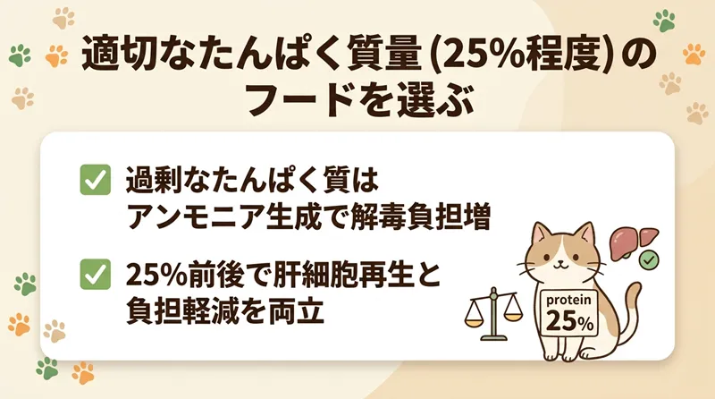適切なたんぱく質量（25%程度）のフードを選ぶ