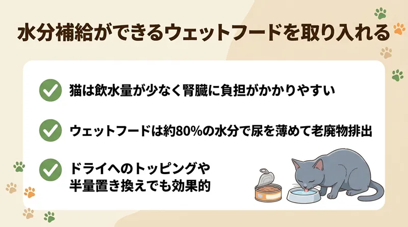 水分補給ができるウェットフードを取り入れる
