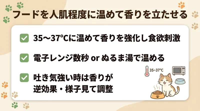 フードを人肌程度に温めて香りを立たせる